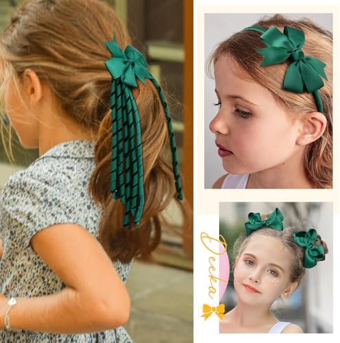 DEEKA Dark Green School Hair Accessories Set 13 Pcs Uniform Hair Bow Headband Clips Hair Ties Curly Korker Bows for Little Toddler School Girls (Dark Green) - Image 4