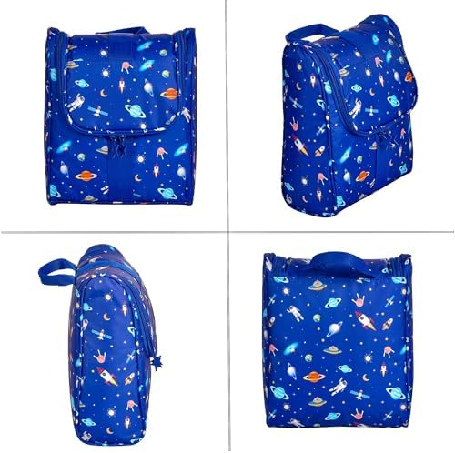 Remobia Hicol Cute Cartoon Hanging Kids Toiletry Bag Children Travel Cosmetic Makeup Organizer Wash Bag Shower bag Over Night Bag Camping Shaving Kit Bag for Boys & Girls (Astronaut) - Image 3