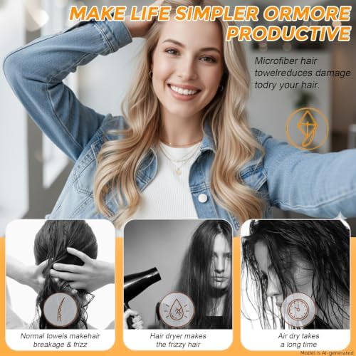 3 Pack Microfiber Hair Towel Wrap for Women, Fast Drying Hair Turban with Button, Anti-Frizz Large Hair Towel for All Hair Styles, Soft & Absorbent Hair Drying Towel - Image 4