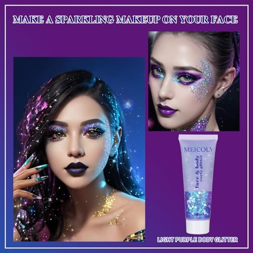 MEICOLY Light Purple Hair Glitter,Game Day Spirit Day Wear Purple Face Glitter,Self-Adhesive Holographic Chameleon Halloween Body Glitter Face Paint,Mermaid Glitter Makeup for Festival - Image 3