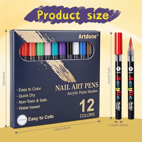 Artdone 12 Colors Nail Art Pens Set, 3D Quick-Drying Acrylic Paint Markers Nail Point Graffiti Dotting Drawing Liner Brush for DIY Gel Nail Polish Design Manicure Tools - Image 5