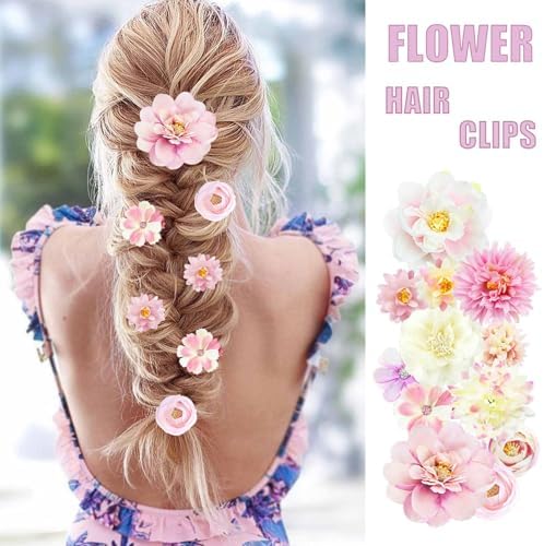 21 PCS Flowers Hair Accessories Women Boho Hair Barrettes Clips Girls Pink Purple Floral Rose Bride Headpiece Wedding Festival(PINK & PURPLE) - Image 3