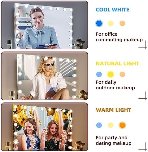 VANITII Hollywood Vanity Mirror with Lights 22.8" *31.5" USB Charging Light up Makeup Mirror with 18 LED Dimmable Bulbs 3 Color Lights Bedroom Cosmetic Mirror for Table and Wall - Image 5