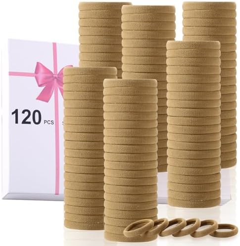 LuSeren 120 Pcs No Damage Hair Ties for Thick Hair, Large Soft Seamless Nylon Hair Elastics for Women, Ponytail Holders, Hair Accessories – Light Brown by LuSeren
