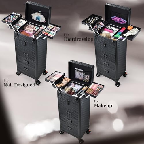 Stagiant Rolling Makeup Case with Drawers Cosmetology Case on Wheels 5 IN 1 Makeup Case 4 Drawers with Foot Stand Spring-release Mechanism Rolling Make Up Organizer for Artist Salon Nail Teach Trunk - Image 4