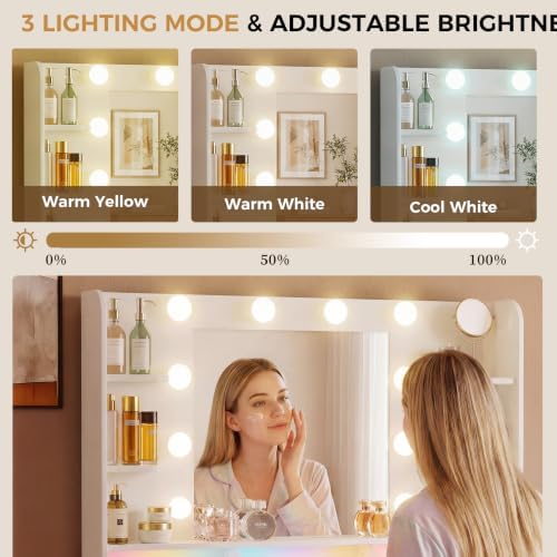LUCKRACER Vanity Desk with LED Lights Mirror & Charging Station, Makeup Vanity with Storage Drawers and Shelves, Modern Dressing Table for Women Girls Bedroom, Ivory White - Image 5