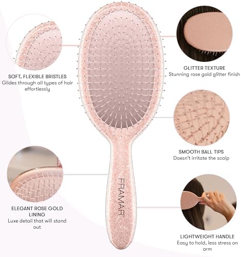 FRAMAR Glitter Hair Brush Detangler, Detangling Hairbrush For Women – Rosé - Image 2