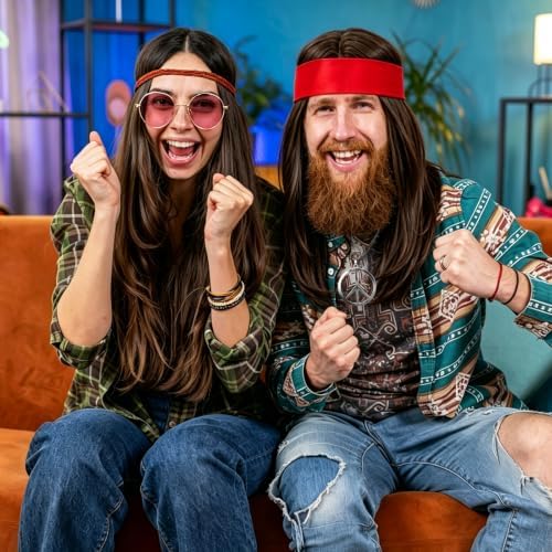 Bvrbaory Hippie Accessories for Men,4 Pcs Retro Hippie Costume Set with Hippie Wig,Sunglasses,Peace Necklace and Headband,60s 70s Disco Style,80s Retro Party,Halloween Fancy Dress - Image 6