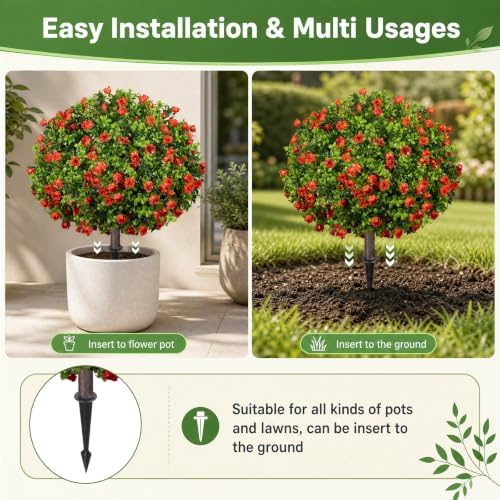 25.6'' Artificial Boxwood Topiary Plants with Red Flowers, 2 Set with Spike - Image 4