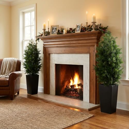 Aveyas 4ft Artificial Cedar Topiary Trees, 4 Feet Faux Potted Plants Evergreen Fake Pine Cypress Tree for Outdoor Porch Home Outside Door Decor (4 ft Tall Including Raised Pot) - Set of 2 Pack - Image 6