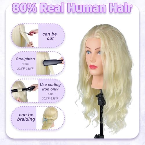 Mannequin Head Human Hair- Cosmetology Manikin Doll Head with 80% Real Hair for Hairdresser Practice Styling Braiding & Free Clamp Holder (Blonde) - Image 5