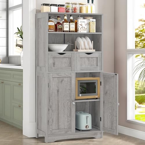 Iwell Storage Cabinet with 2 Drawers & Adjustable Shelf, Tall Bathroom Cabinet with Doors, Cupboard, Kitchen Cabinets for Living Room, Dining Room, Entryway, Grey - Image 4