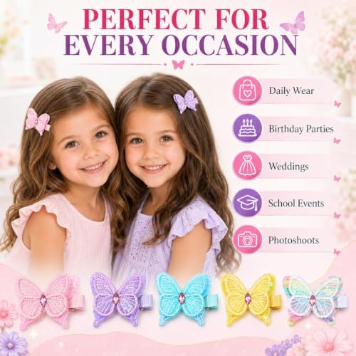 5 Pcs Butterfly Hair Bows Clips for Girls, Fully Lined Soft Fabric Alligator Clips, Safe Non-Slip Barrettes for Kids & Toddlers, Handmade Spring Accessories for Daily Wear - Image 6