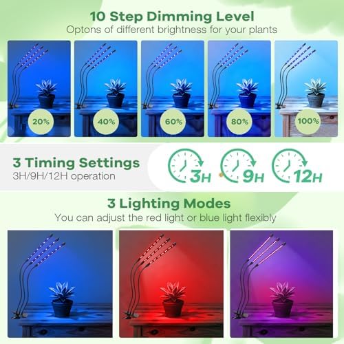Led Grow Lights, 3 Heads Red Blue Plant Light with Clamp for Indoor Plants & Seed Starting, 10-Level Dimmable, Auto On Off, Timing 3 9 12Hrs - Image 5