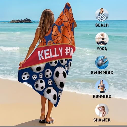 Personalized Beach Towel With Name, Custom Beach Towel with Text, Customized Basketball Football Microfiber Pool Towel, Quick Dry & Absorbent Swim Towel for Adult,Anniversary, Birthday, Summer Holiday - Image 6