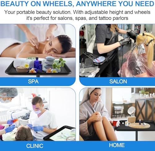 Salon Tray Cart with Storage Platform, Aluminum Tattoo Tray on Wheels, Hairstylist Service Rolling Trolley Adjustable Height Storage Utility Cart for Salon & Spa Use (Black) - Image 6