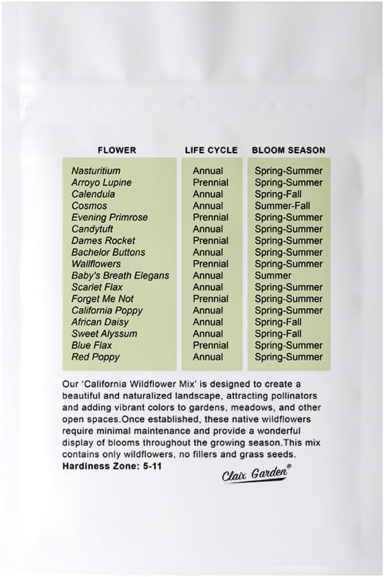 California Wildflower Mix - 7,500 Seeds - 17 Varieties - No Fillers, Open Pollinated and Non GMO, Perennial and Annual Garden Flowers, Attracts Bees and Butterflies - Image 2