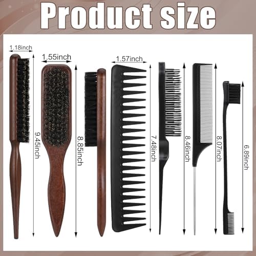 6 Pcs Boar Bristle Slick Back Hair Brush with Edge Brush Rat Tail Comb and Wide Tooth Comb, Hair Styling Comb for Men Women - Image 2