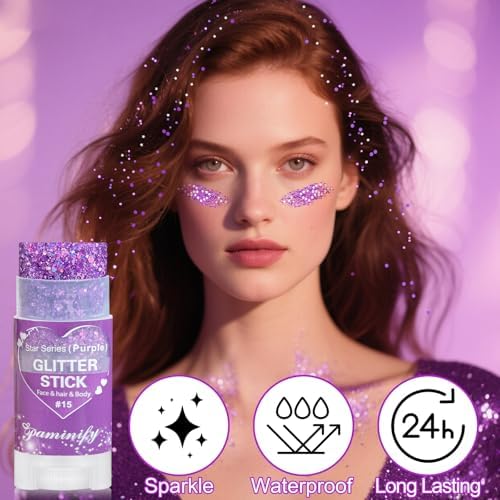Purple Hair Glitter Stick, Mardi Gras Outfit for Women,Purple Body Face Glitter,Rave Mardi Gras Accessories Carnival Chunky Glitter Sequins,Halloween Mermaid Waterproof Shimmer Body Paint - Image 4
