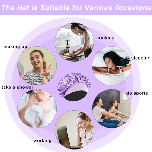 4Pcs Silk Hair Bonnets for Sleeping - Elastic Wide Band Satin Hair Wrap for Sleeping Black Women Men,Silk Bonnets for Curly Hair,Sleep Cap (Purple & Pink & Sapphire Blue & Black) - Image 5