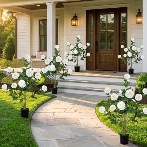 2 Pack 3FT Artificial Camellia Trees with White Flower for Outdoor - Image 6