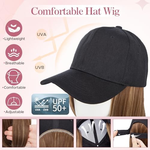 SEGO Baseball Cap with Hair Extensions for Women Heat Resistant Synthetic 6" Adjustable Short Straight Hairpiece Replacement Wigs in Black Hat for Girls 10P22T Medium Brown Mix Dark Blonde - Image 2