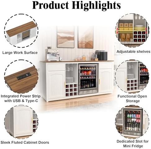 GDLF 78.7" Home Bar Cabinet with Fridge Space, Fluted Wine Liquor Bar,White - Image 5