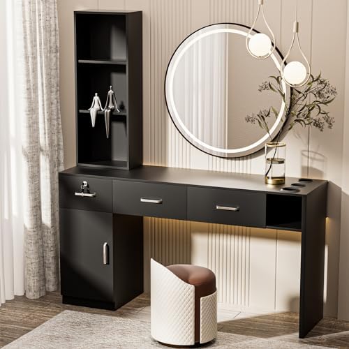 50.4" Barber Station for Hair Stylist, Salon Storage Cabinet with 3 Drawers, Lockable Compartment, 3 Tool Holders and Open Shelves, Hairdresser Workstation, Black, Mirror Not Included by Unknown