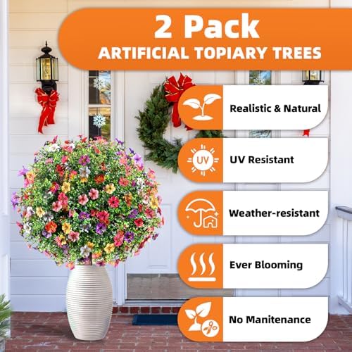 27.5" Artificial Flowers Boxwood Topiary Ball Tree Set of 2, UV Resistant Fake Bushes Shrubs with Ground Spike, Faux Evergreen Tree for Front Porch Outdoor Garden Decor - Image 3