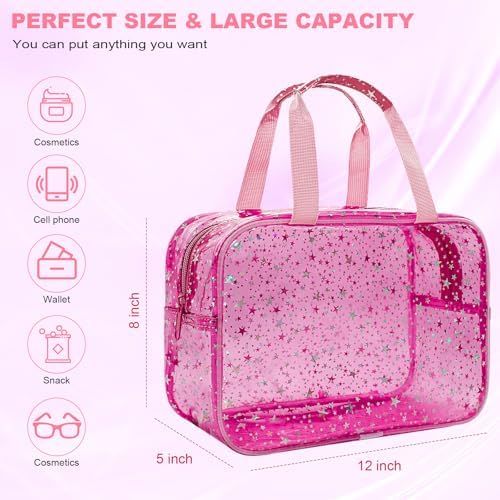 Clear Red Star Large Makeup Bag with Star Pattern 12x5x8 inch, Travel Cosmetic Bag with Handle, Durable PVC Material Washbag Zipper Opening Design for Makeup Travel Organizer or Gym Use - Image 2