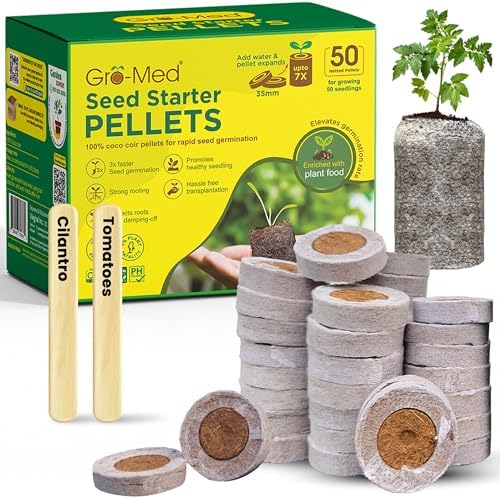 Gro-Med Organic Coco Coir Seed Starter Pellets NPK Enriched 50 Pcs, 35mm Perfect to Grow Herbs, Vegetables, Flowers,Fruits Seedlings, Compressed Coconut Coir Soil Plugs - Easy to Transplant in Pot by Gro-Med