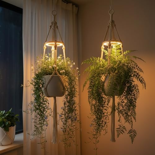 2 Pack Hanging Plant Grow Lights for Indoor Plants with Timer, Wall Mounted Full Spectrum Pendant Growing Light with Macrame Plant Hanger, Ceiling LED Planta Luz for Potted Plants Home Decor by NoveltyLighting