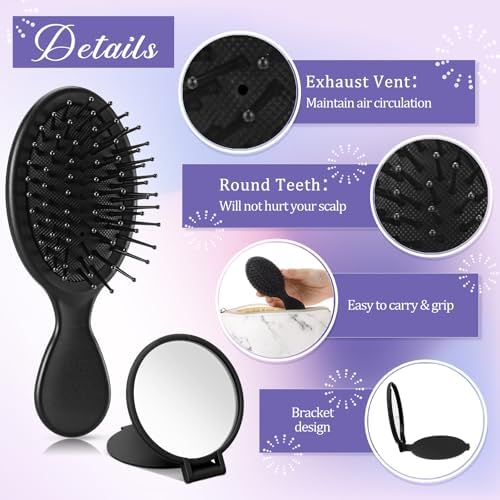 Meanplan 48 Pcs Mini Hair Brush Set 24 Travel Wet Dry Hair Combs Pocket Detangling 24 Compact Folding Makeup Mirrors for Spa Sleepover Birthday Bridal Shower Bachelorette Christmas Party Gift(Black) - Image 2