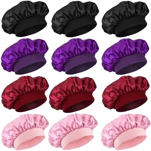 12 Pieces Silk Bonnet for Women Curly Hair Satin Bonnet Hair Wrap for Sleeping Cap with Tie Band (Multicoloured4) by PODALOA