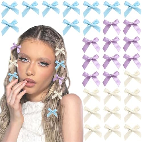 30PCS Satin Hair Accessories: Bow Clips, Hair Ribbons in Blue, Purple, White - Kawaii Mini Bows for Women, Girls by YAEISM