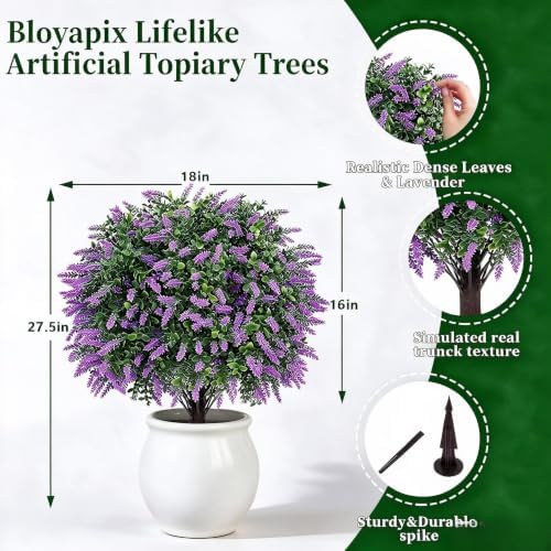 27.5" Artificial Lavender Boxwood Topiary Ball Trees, Set of 2 Fake Shrubs Bushes with Ground Spike, UV Resistant Faux Evergreen Tree for Front Porch Outdoor Garden Decor - Image 3