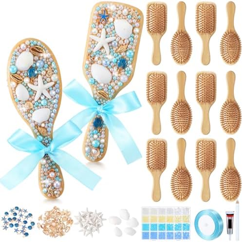 12 Set Wooden Hair Brush Decorating Kit, Ocean Style, Blue by Acellegic