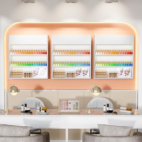 OmySalon Wall Mounted Display Rack, 32-Inch 3-Tier LED Nail Polish Organizer Shelf with USB Touch Control, for Nail Salon, Spa, Beauty Studio Storage, Wooden Retail Display (White) - Image 2