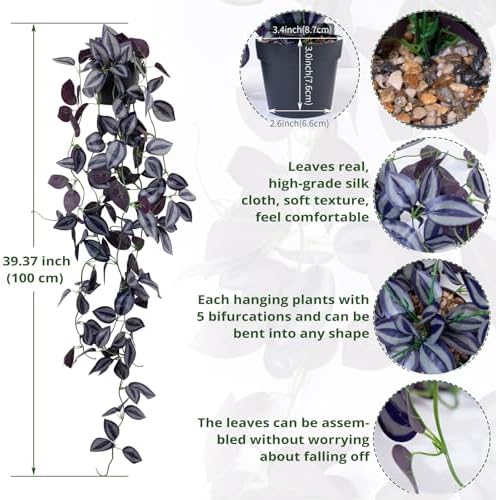 LOYWREE 3Pack Small Fake Hanging Purple Plant Artificial Potted Plants Indoor 39-in Long Faux Dark Black Vine Plant for Shelf Home Office and Outdoor Garden Decor (Black Pot) - Image 2