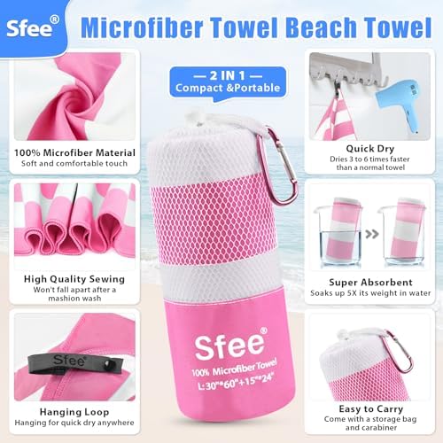 Sfee 2 in 1 Microfiber Beach Towel, Quick Dry Towel Camping Towel Travel Towel Super Absorbent Compact Lightweight Sports Gym Towels Set for Beach, Gym, Hiking, Pool, Backpacking, Bath, Yoga - Image 3