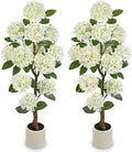 4FT White Hydrangea Artificial Flowers Tree Large Real Touch Faux Silk Hydrangea Plants Potted Fake Flower in White Pot for Home Indoor Outdoor Front Porch Garden Entrance Living Room Decor, 2 Pack by Hollyone