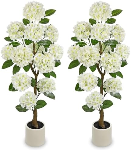 4FT White Hydrangea Artificial Flowers Tree Large Real Touch Faux Silk Hydrangea Plants Potted Fake Flower in White Pot for Home Indoor Outdoor Front Porch Garden Entrance Living Room Decor, 2 Pack by Hollyone
