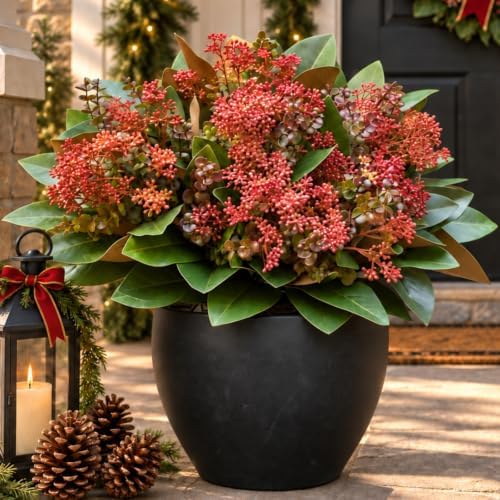 Christmas Artificial Magnolia Leaves Fake Winter Plants for Outdoor Planter by KAFDY