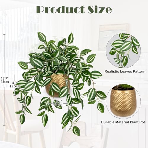 Briful Faux Plants Indoor 17.7in Fake Watermelon Peperomia Plant in Gold Pot with Realistic Silk Green Leaves Artificial Potted Plant for Home Office Table Bookshelf Desk Room Decor - Image 2