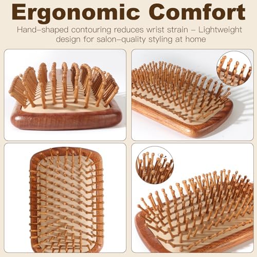 2-Piece Bamboo Hair Brush Set for Hair Growth (Oval & Square) - Natural Wooden Scalp Massage Brush with Bamboo Bristles,Detangling Hairbrush for Women,Men,All Hair Types - Ergonomic Handle - Image 3