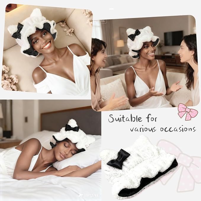 Satin Lined Sleep Bonnet for Women, Teddy Plush Hair Bonnet, Silk Wrap for Curly & Braided Hair, Anti-Frizz Night Cap - Image 6