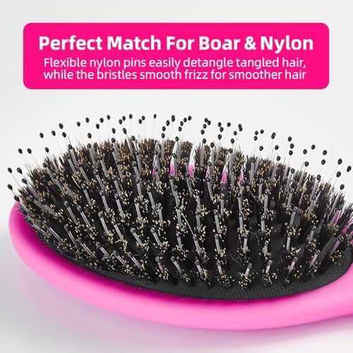 Boar Bristles Hair Brush for Women and Men, Detangling Hair Brush for Smoothing Massage Add Shine, Nylon&Boar Bristles Detangler brush for Hair Healthy (1 Pack-HotPink) - Image 3