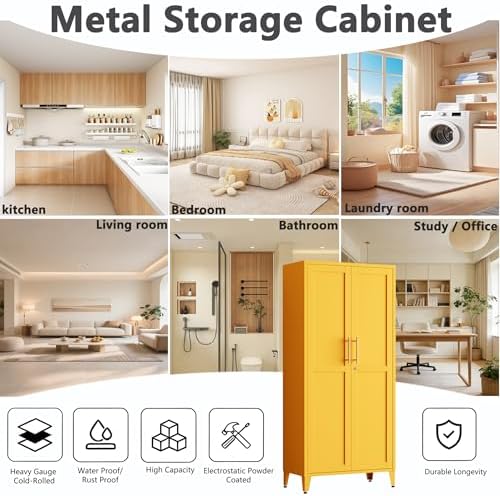 Metal Storage Cabinet with Lock,Yellow Steel Tool Cabinet with 3 Adjustable Shelves,61 Tall Freestanding Heavy Duty Garage Locker for Home Office Kitchen 61" H X 27.6" W X 13.8" D - Image 3