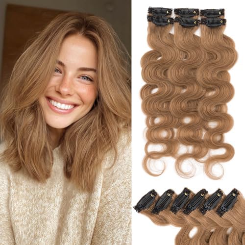 Rich Choices Clip In Hair Extension Real Human Hair-Wave/Curly 6 Pcs Single Clip Hairs Extension for Women-Invisible Mini Clips in Hairpieces for Thin Hairs-14 Inch #6 Light Brown by RichChoices