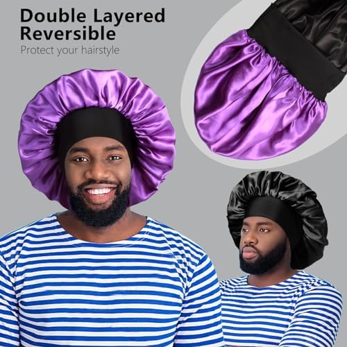 2pcs Bonnets for Men, Double Layer Hair Bonnet Satin Bonnet for Women Curly Hair Braids - Image 2